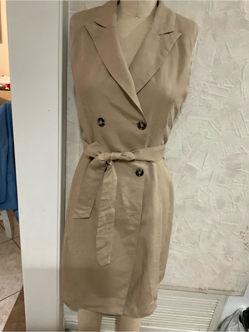 H&M Sleeveless Double-Breasted Belted Dress in Beige